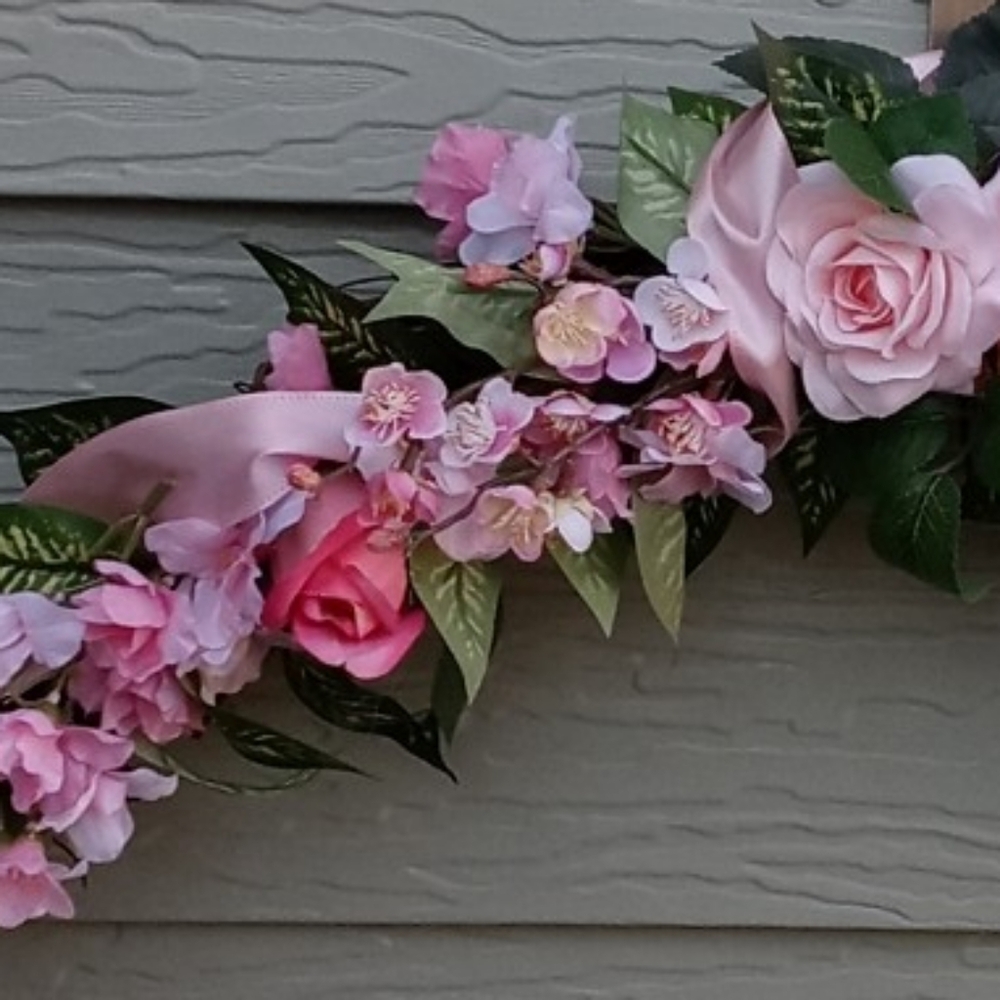 Handcrafted Floral Swag Wreath Rose Ribbon Greenery Wall Door Hanging - Picture 4 of 6